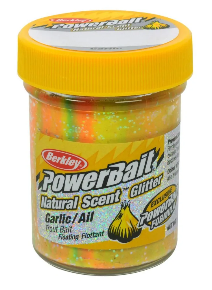 Berkley těsto na pstruhy PowerBait Natural Glitter Trout Bait 50g - Rainbow - Garlic
